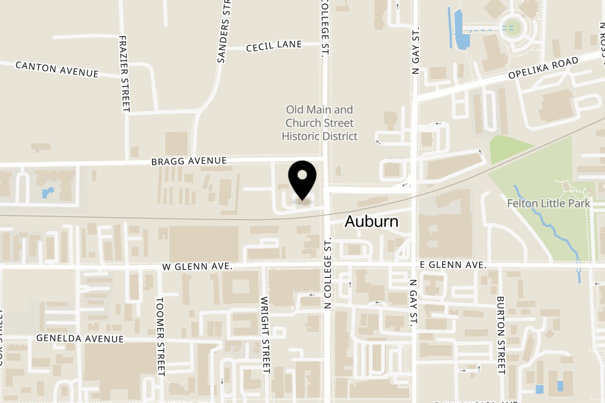 Map showing the location of Tavern On The Trax's on 307 N College St in Auburn